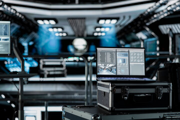 Obraz premium Close up of laptop inside futuristic spaceship control bay displaying diagnostics and mission telemetry. Notebook screen in spacecraft shows performance metrics and onboard system navigation support