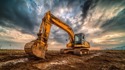 Excavator working on a construction site with dramatic sky in the background