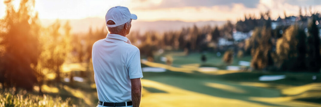 Elderly man in white cap admiring expansive green golf course during beautiful, warm golden hour, enjoying retirement and leisure - Powered by Adobe