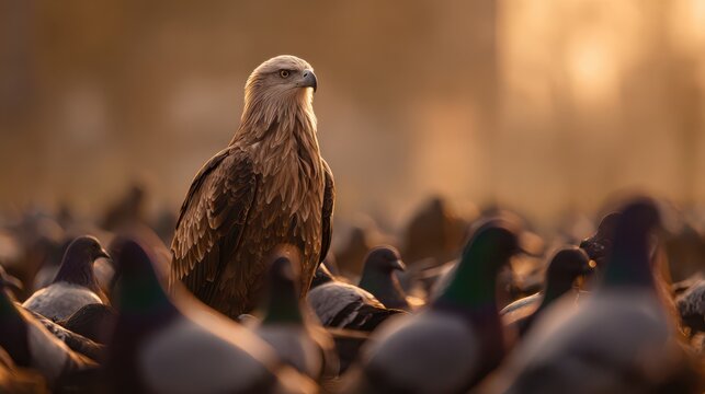 Majestic eagle stands among a flock of pigeons at sunset in a serene landscape