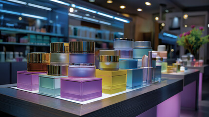 Well-lit store section — colorful cosmetic containers and jars in geometric arrangement, metallic and pastel tones glowing under lights, with copy space.