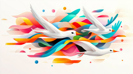 Obraz premium Three elegant white birds in dynamic flight, soaring through abstract landscape of vibrant, flowing, and layered rainbow colors and energetic shapes