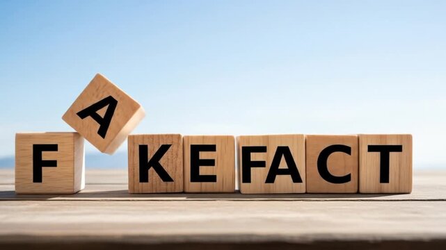 Wooden blocks spelling FAKE FACT tumbling to the ground with blue sky background, concept of misinformation and false information, storytelling