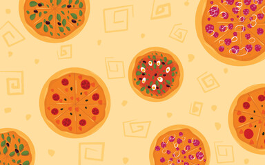 Seamless Pizza Pattern with Colorful Toppings on Beige Background
