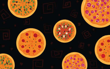 Seamless Pizza Pattern with Colorful Toppings on Black Background