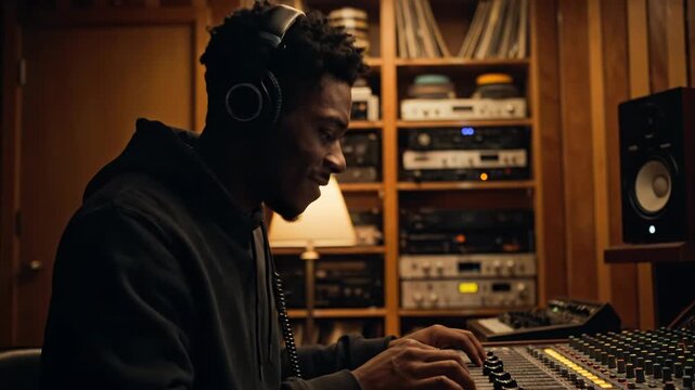 A young black man wearing headphones is focused on adjusting knobs and faders on a sound mixing board in a dimly lit recording studio, engrossed in music production vector illustration