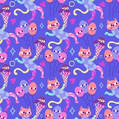 Birthday party seamless cats pattern for wrapping paper and fabrics and linens and kids clothes print