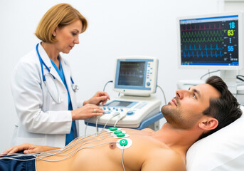 Doctor performing EKG on male patient in medical room electrocardiogram