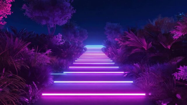 Neon Stairway Through Lush Tropical Jungle at Night with Starry Sky stairs steps