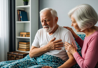Elderly man experiencing chest pain with concerned wife offering support Keywords: elderly, man
