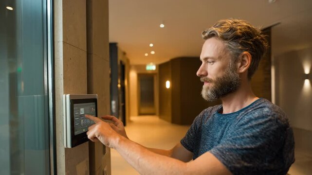 Installer adjusting video intercom monitor inside a modern apartment focusing on screen clarity and user interface features.