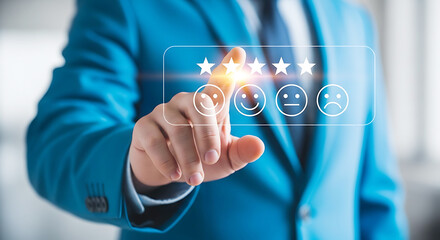 Businessman's Finger Selects Five Star Rating on Digital Feedback Interface customer satisfaction stars