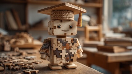 Wooden Puzzle Robot with Graduation Cap in Craft Workshop Setting