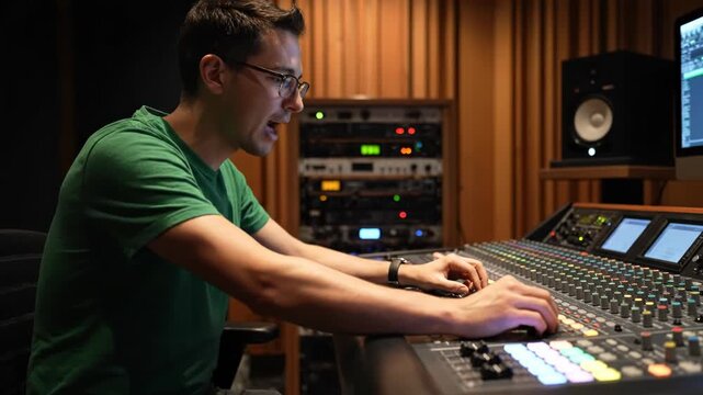 A man in a green tshirt and glasses adjusts knobs on a large sound mixing board in a recording studio, with audio equipment in the background vector illustration