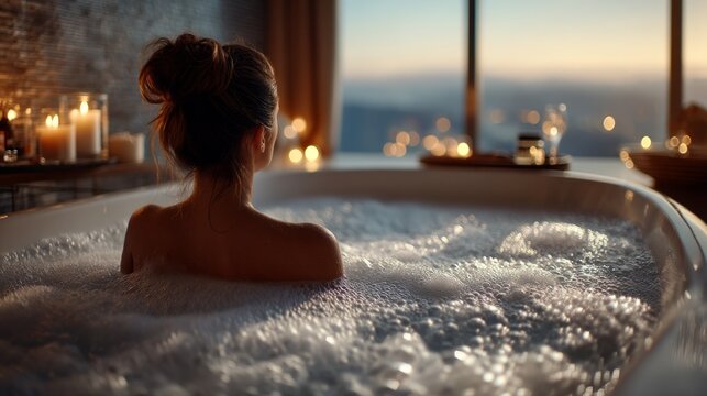 Serene Moment in Bathtub with Bubbles and Evening Lights Blurring the Background