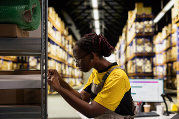 Woman employee placing adhesive shipping labels on boxes in storage room depot, labeling packages...
