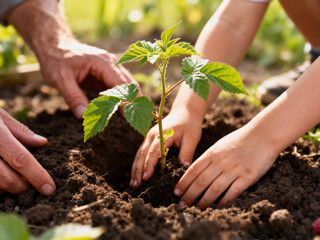 Child and adult hands working together to plant a small seedling in soil during bright daylight, symbolizing nature protection and family values