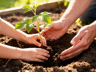 Close-up of adult and child hands planting a green seedling together in fertile soil under sunlight, symbolizing care, nature, and family connection