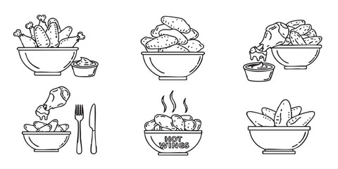 Set of chicken wings bowl icons vector
