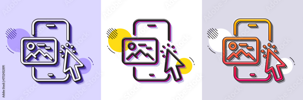 Wall mural phone image line icon. halftone dotted pattern. gradient icon with grain shadow. smartphone app sign