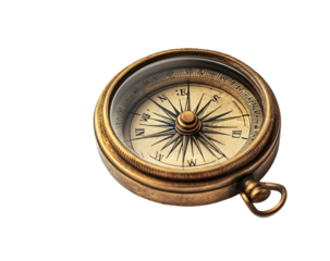 Antique brass compass showing direction, with clean black background