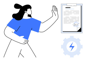 Female figure gesturing stop towards a signed document on clipboard with gear and lightning icon. Ideal for themes thumbs up refusal, negotiation, decision-making, risk management, legal awareness