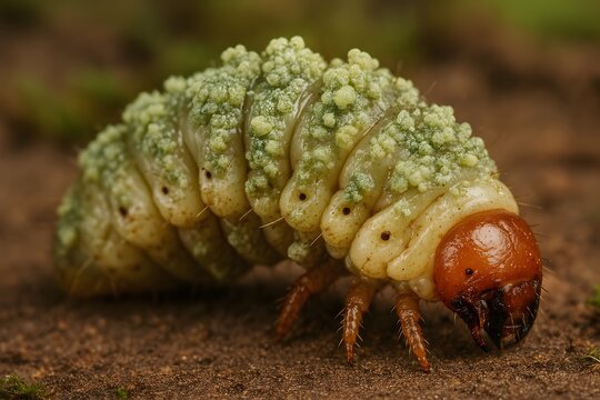 Macro photograph showing an insect larva infected by Bacillus thuringiensis used in biological pest control.