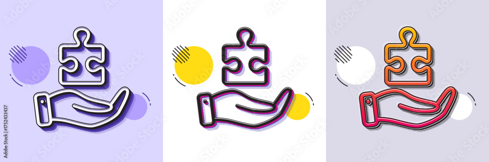 Wall mural puzzle line icon. halftone dotted pattern. gradient icon with grain shadow. hand with jigsaw piece s