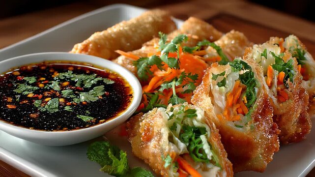 Crispy Fried Spring Rolls with Spicy Dipping Sauce, Shredded Carrots, and Fresh Herbs on a White Serving Plate