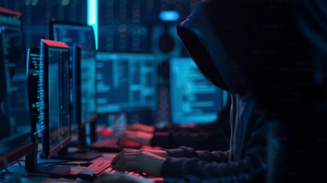 A cinematic close-up of a hacker in a dark hoodie intensely focused on a glowing computer screen, infiltrating global software systems and exploiting vulnerabilities in the digital cyber world