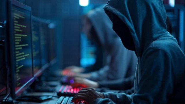 A cinematic close-up of a hacker in a dark hoodie intensely focused on a glowing computer screen, infiltrating global software systems and exploiting vulnerabilities in the digital cyber world