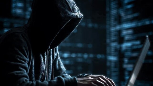 A cinematic close-up of a hacker in a dark hoodie intensely focused on a glowing computer screen, infiltrating global software systems and exploiting vulnerabilities in the digital cyber world