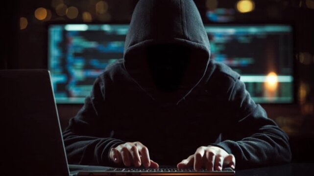 A cinematic close-up of a hacker in a dark hoodie intensely focused on a glowing computer screen, infiltrating global software systems and exploiting vulnerabilities in the digital cyber world