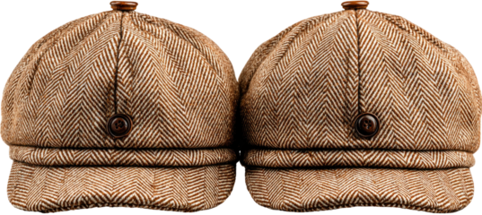 Two herringbone newsboy caps, angled, with button detail