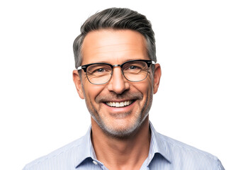 Smiling middle-aged man with glasses on white background happy