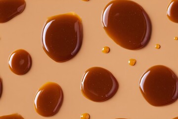 Fototapeta premium Caramel puddles and small drops on a light brown background. Delicious sweet caramel sauce spilling for culinary concepts and food design.