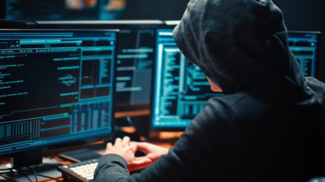 A cinematic close-up of a hacker in a dark hoodie intensely focused on a glowing computer screen, infiltrating global software systems and exploiting vulnerabilities in the digital cyber world
