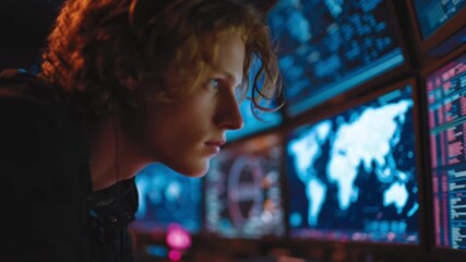 A cinematic shot of a wall of screens displaying live data and moving charts as young professionals actively monitor analytics and performance metrics in a high-tech, data-driven control room - Powered by Adobe