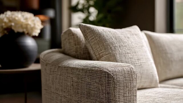 Tailormade upholstery fabric displaying fine woven textures on a furniture piece center fabric texture in clear focus while adjacent areas remain gently blurred.