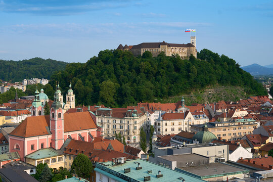 Ljubljana. Beautiful cities of Europe - charming, capital of Slovenia, panoramic view with old town and castle.