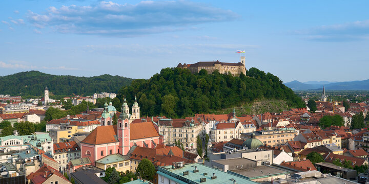 Ljubljana panorama. Beautiful cities of Europe - charming, capital of Slovenia, panoramic view with old town and castle.