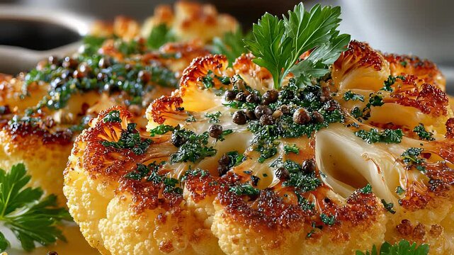 Roasted Cauliflower Steaks with Caper Herb Sauce, Close-Up of Delicious Vegan Meal, Gourmet Vegetarian Cuisine