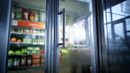 Singledoor walkin freezer entrance highlighted in sharp detail showcasing compact but efficient storage space behind frosted glass panels and blurred surrounding environment.