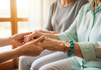 Three women holding hands in a gesture of support and comfort graphic design