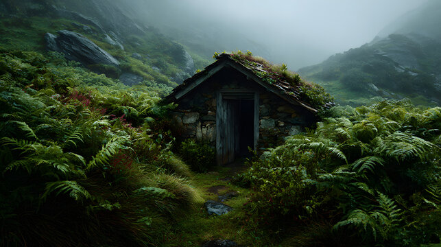 Abandoned hut in dense fog creating feeling of mystery and solitude