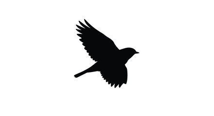 A simple black silhouette of a bird in mid flight against white