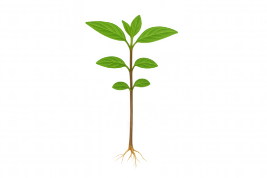 Young plant sprouting, green leaves growing on stem with visible roots, concept of new life and ecology