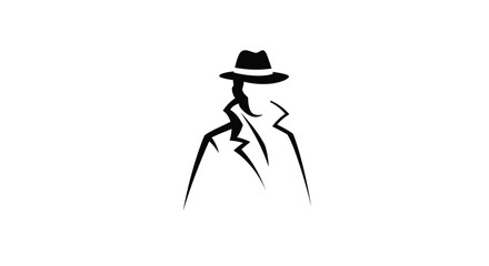 Minimalist black silhouette of a person wearing a hat and coat