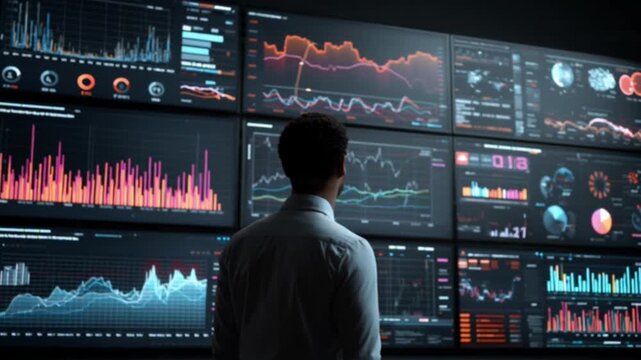 A cinematic shot of a wall of screens displaying live data and moving charts as young professionals actively monitor analytics and performance metrics in a high-tech, data-driven control room