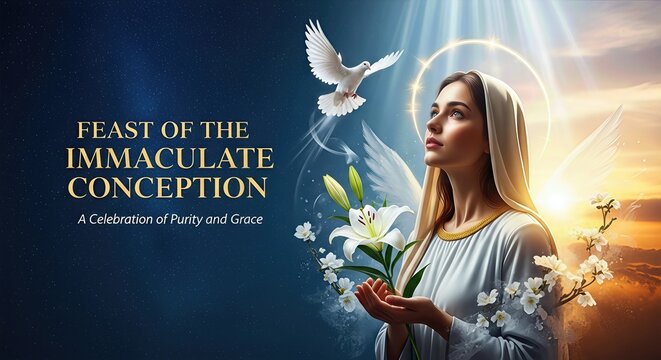 Holy Mother looking up, with a pure white dove, radiant lilies, and divine golden light, from a starry sky, observing the Feast of the Immaculate Conception, a sacred spiritual day of grace.